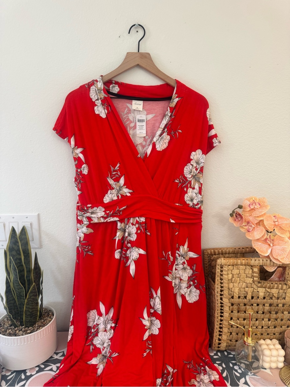 NWT Soma Red Floral Wrap-Style Women’s Dress - Picture 2 of 7